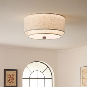 Modern 2-Tier Linen Drum Ceiling Light Minimalist Scandi Flush Mount Chandelier Layered Fabric Lamp for Bedroom Nursery